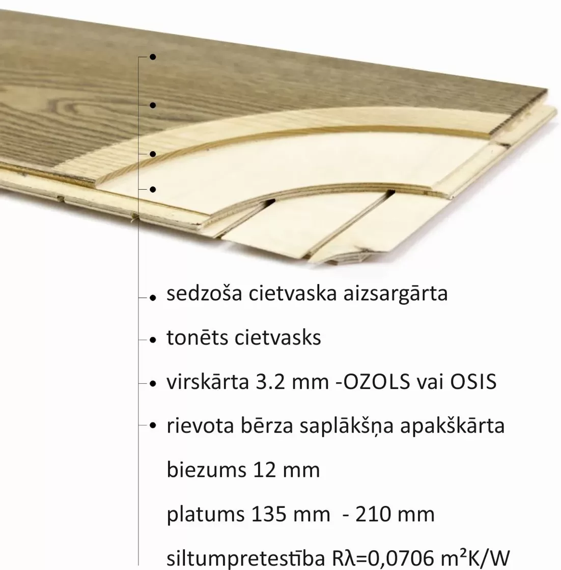 12 mm biezi parketa dēļi ar ozola virskārtu 3,2 mm